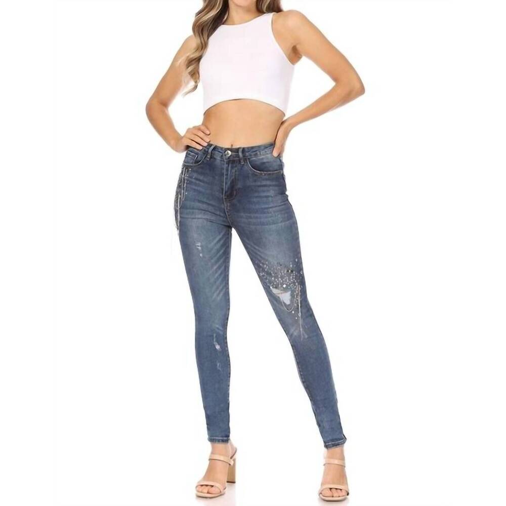 NEW DENIM COUTURE embellished high rise 5 pocket distressed jeans in medium wash
